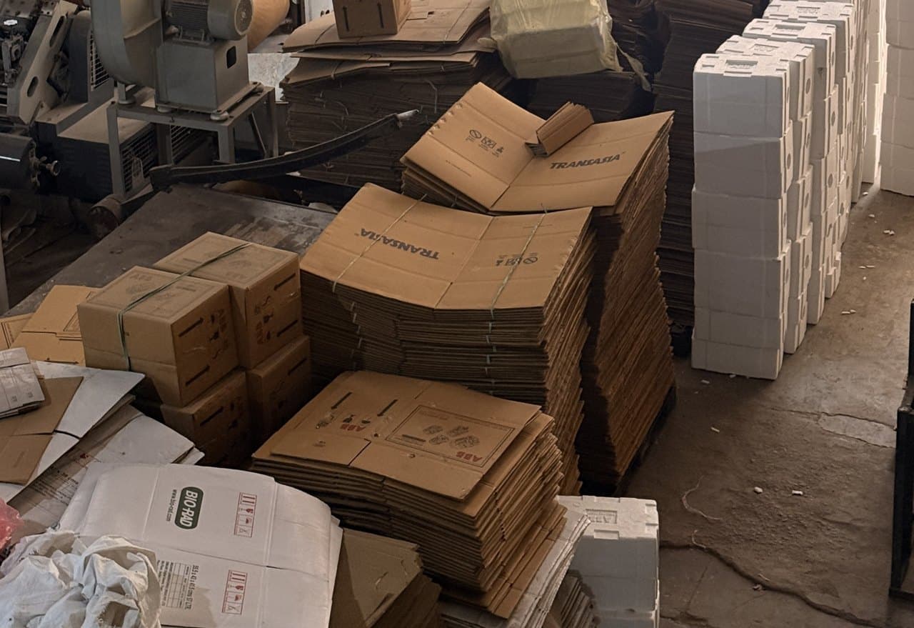 Printed corrugated cartons and moulded EPS boxes together on the factory floor